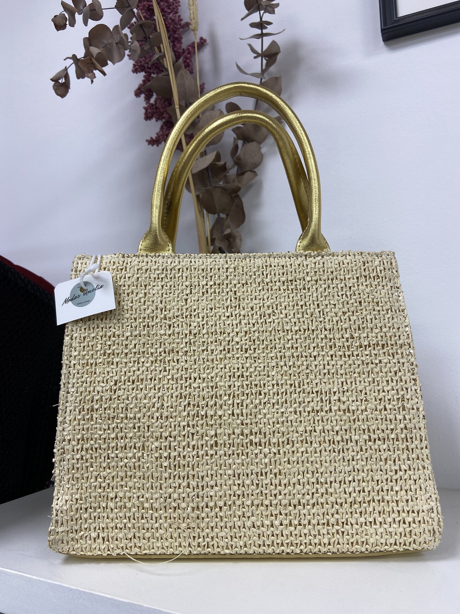 Bolso Rafia Beige con Brillo - 1