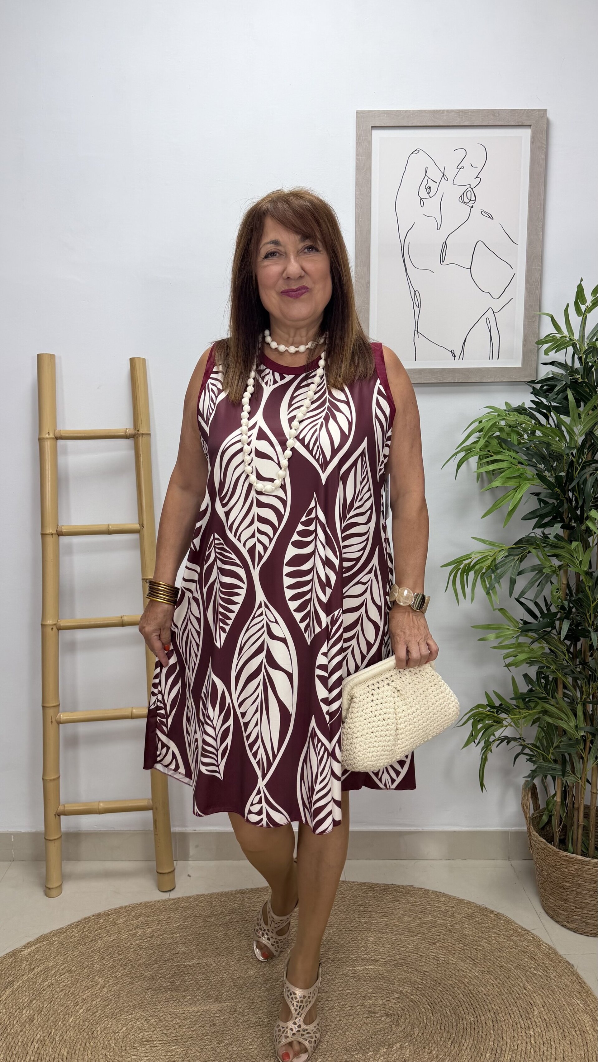 Vestido Hojas Corto Burdeos - 1