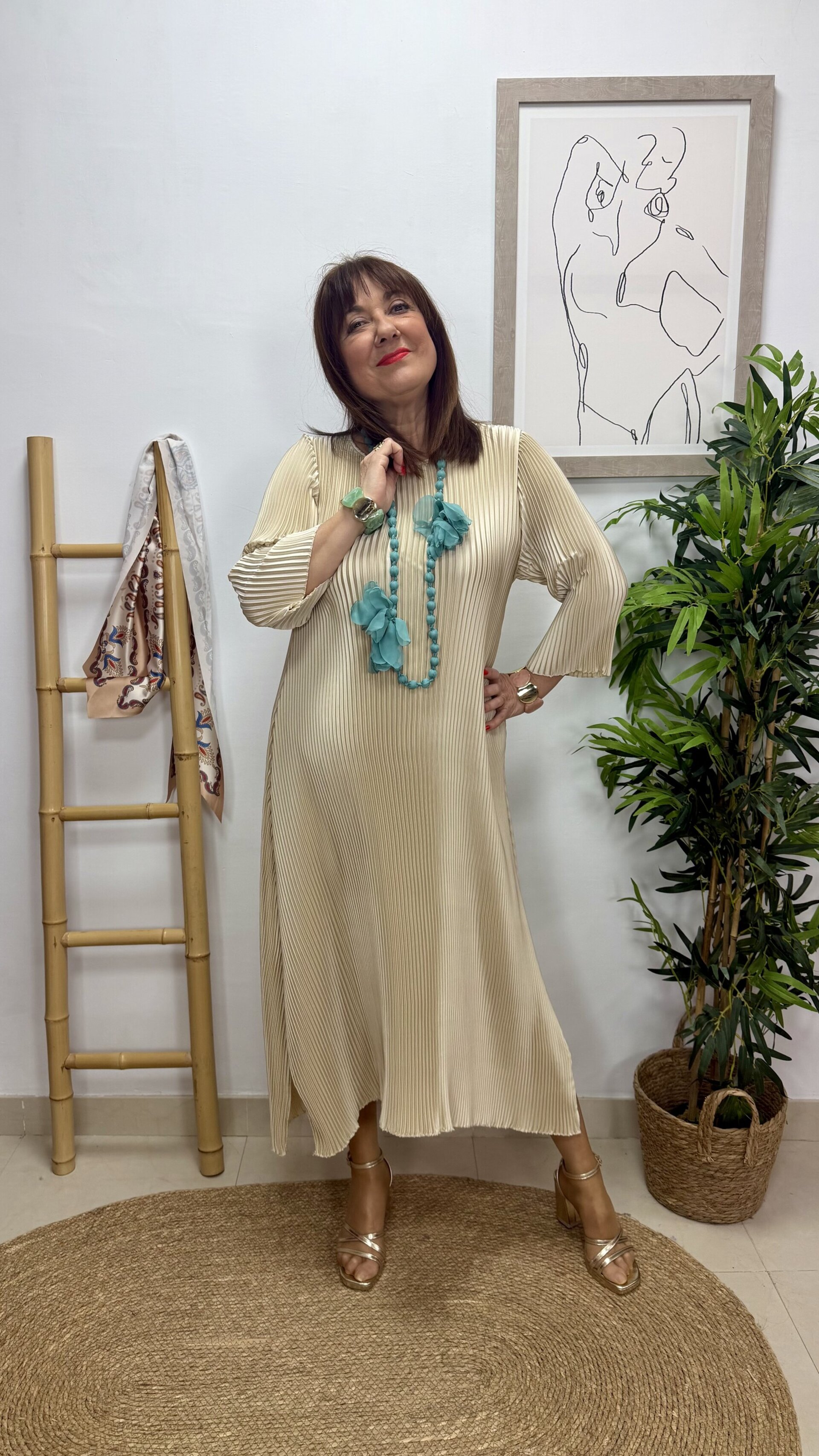 Vestido Plisado Beige - 2