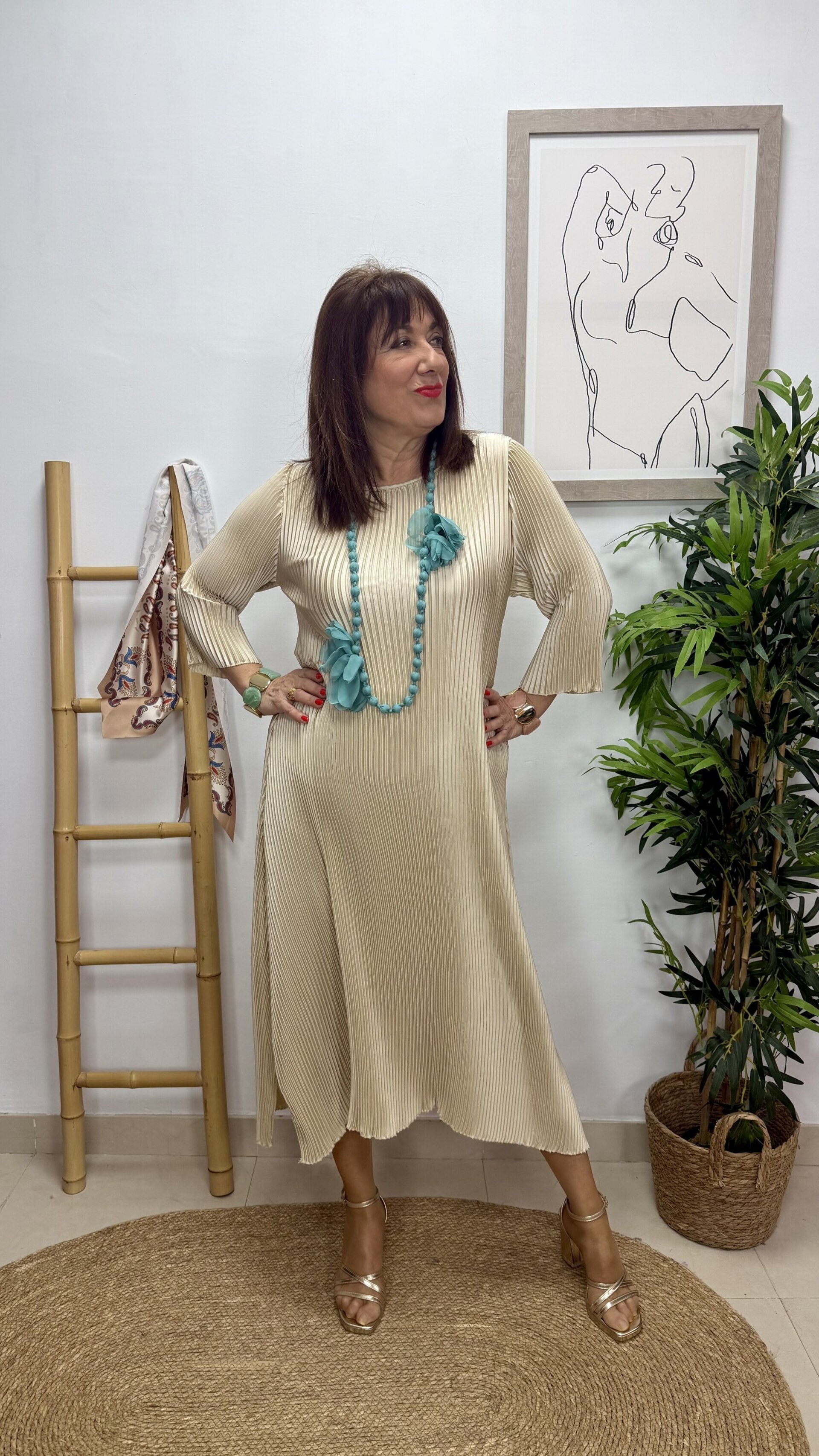 Vestido Plisado Beige - 3